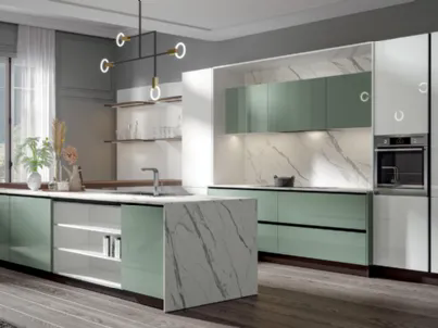 Cucina Moderna Era con penisola in PVC laccato lucido Salvia e Candido Home Cucine