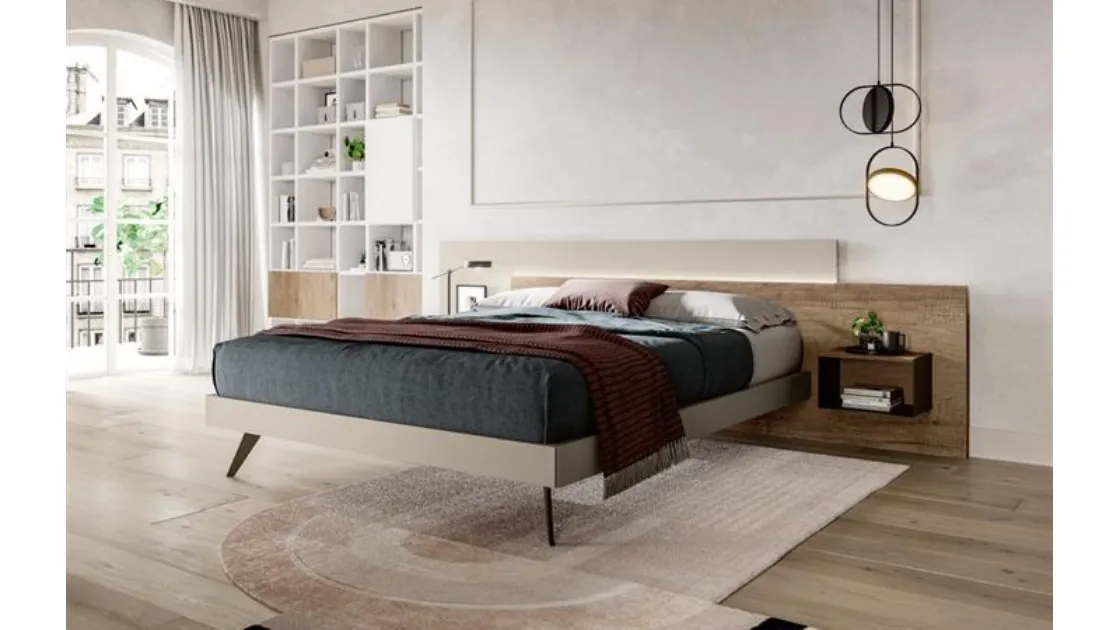 Letto moderno con testiera in nobilitato essenza Rovere vintage e laccato opaco Duo di Villanova