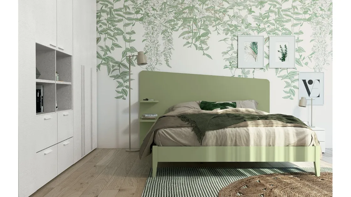 Letto matrimoniale con testiera  Volo Edge Plus con giroletto Nettuno finitura Oliva di Colombini Casa