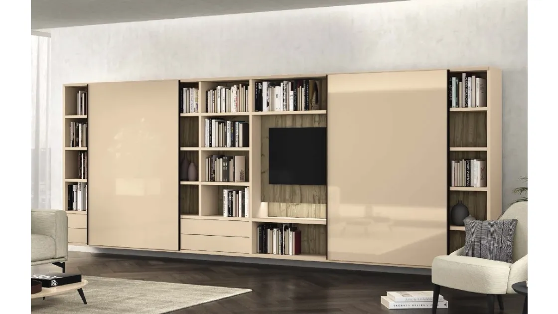 Libreria a muro Vitalyty Luce in laccato lucido e melaminico finitura legno di Colombini Casa