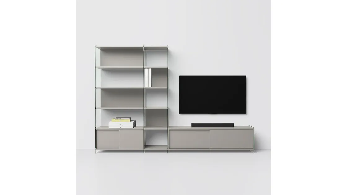 Mobile Porta Tv componibile in laminato con fianchi in vetro Byblos 02 di Pezzani