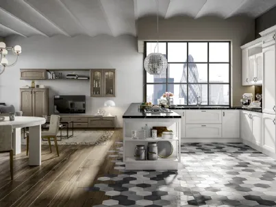 Cucina in legno di rovere laccato bianco ad angolo e penisola Cantica 1 con tavolo rotondo