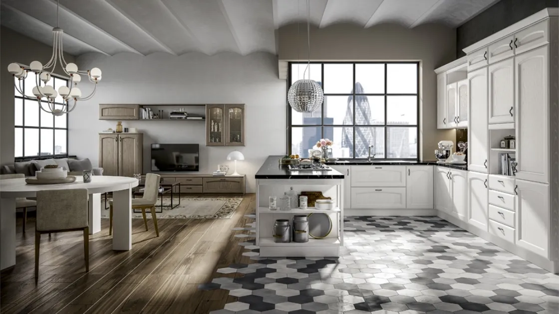 Cucina in legno di rovere laccato bianco ad angolo e penisola Cantica 1 con tavolo rotondo