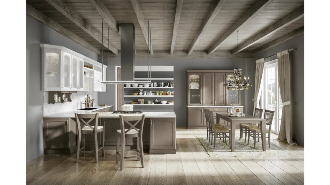 Cucina in legno di rovere torba e bianco con penisola Cantica 3 di Home Cucine
