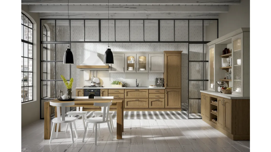 Cucina in rovere color lignum ed ecrù con vetrine Cantica 4 di Home Cucine