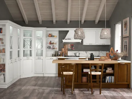 Cucina Classica ad angolo in laccato Bianco anticato con penisola in legno Siena scuro Sinfonia 04 di Colombini Casa Artec