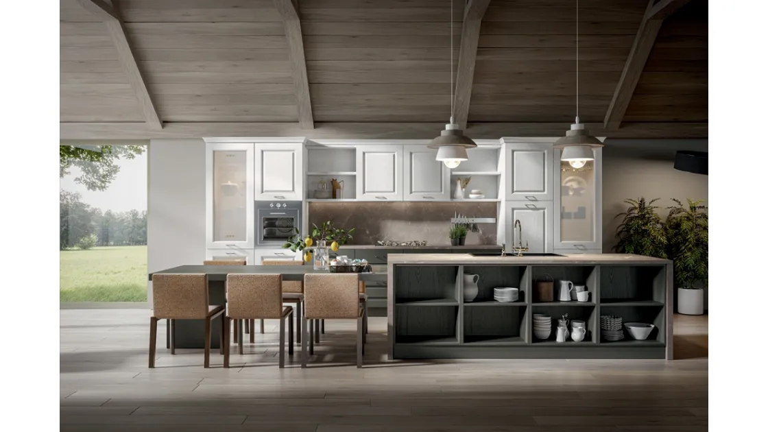 Cucina in frassino color luce e cupo con isola e tavolo centrali Contea 1 di Home Cucine