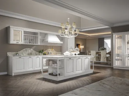 Cucina in legno di frassino bianco decape' con isola e vetrine a muro Contea 6 di Home Cucine