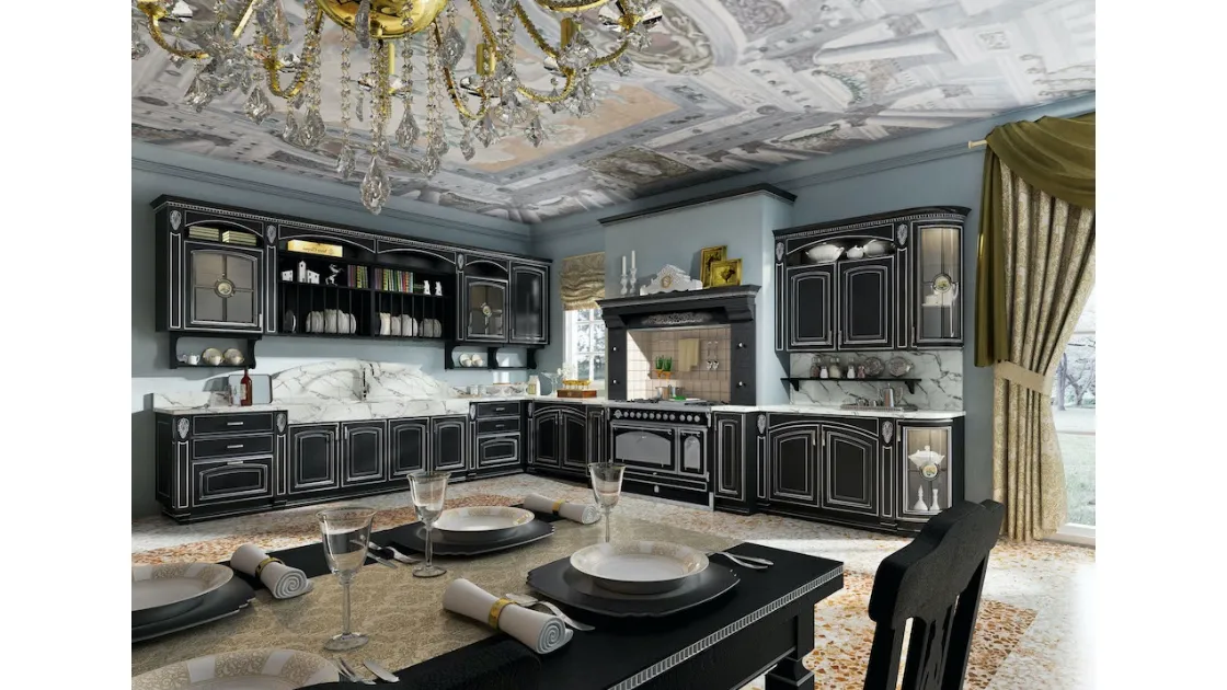 Cucina Classica angolare Gold Elite 05 in impiallacciato Frassino laccato Nero Argento con top in marmo di Home Cucine