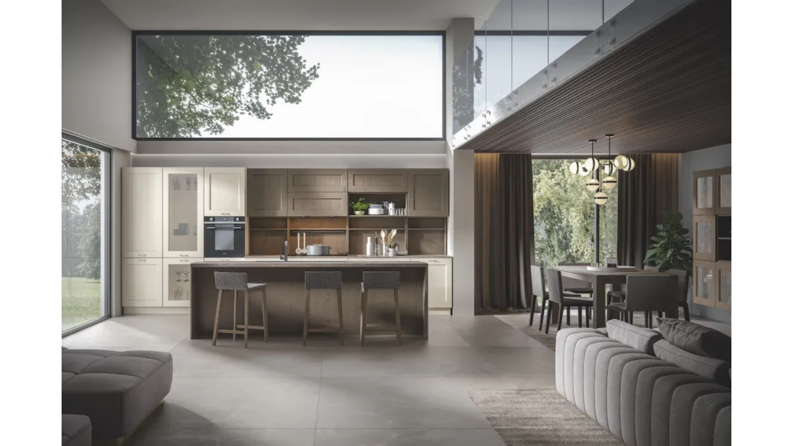 Cucina con isola centrale in frassino massiccio avorio e torba Olimpia 6 di Home Cucine