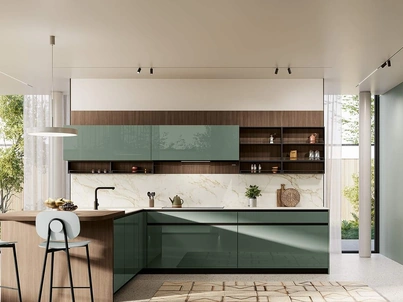 Cucina Moderna con penisola Altea Composizione 01 in vetro verde aloe di Prima Cucine