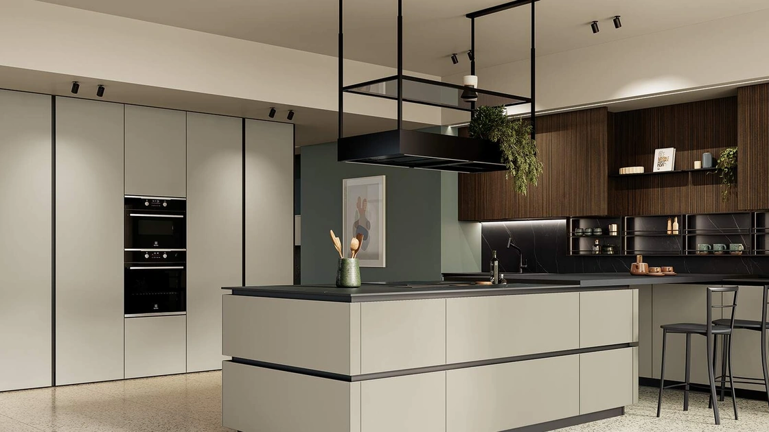 Cucina Moderna con penisola Altea Composizione 02 in vetro opaco di Prima Cucine