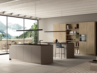 Cucina Moderna con doppia isola Angolo 37 06 in nobilitato Basalto e Rovere di Colombini Casa Artec