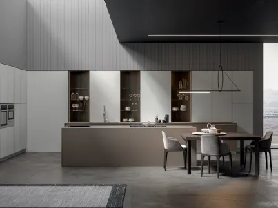 Cucina in melaminico color confetto e isola in metallo curio Aura 5 di Home Cucine