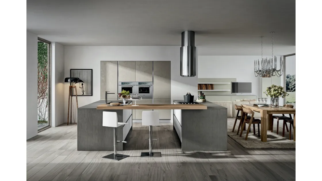 Cucina con isole centrali unite da un tavololo in legno Cartesia 4 di Home Cucine