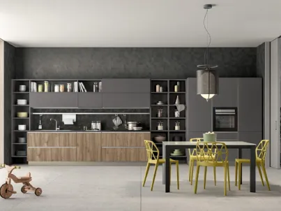 Cucina Moderna lineare Linea 05 in nobilitato finitura Grigio e Noce Gold di Colombini Casa Artec