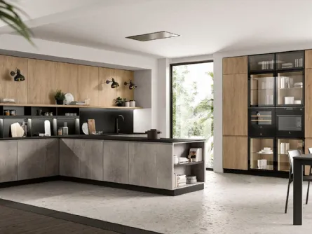 Cucina Moderna con penisola Pura 01 in nobilitato finitura Cemento e Royal Oak di Colombini Casa Artec