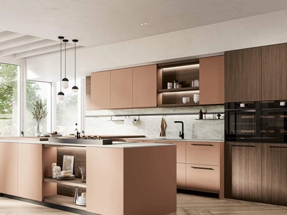 Cucina Moderna con penisola Domino Composizione 02 in laccato rosa petalo di Prima Cucine
