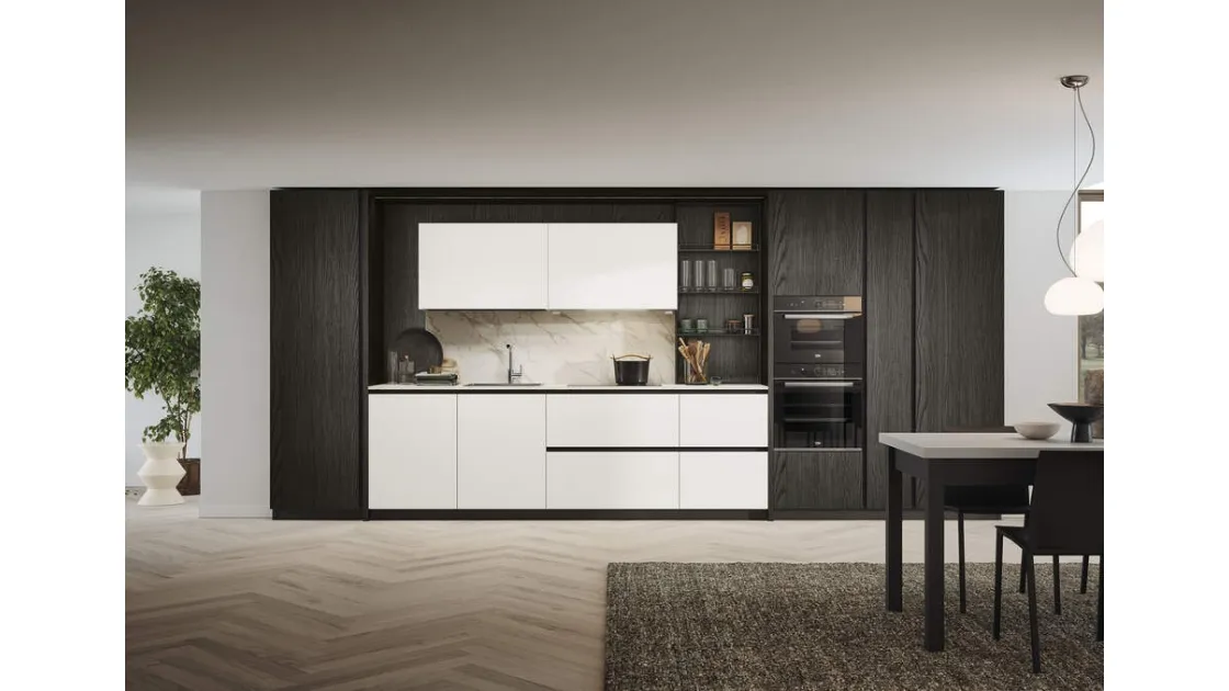 Cucina Moderna lineare Domino Composizione 03 in laminato bianco e melaminico rovere dark di Prima Cucine