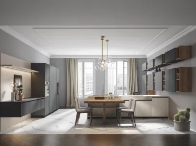 Cucina con penisola in HPL statuario, tavolo in legno e PVC lapis Era 2 di Home Cucine