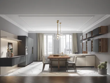 Cucina con penisola in HPL statuario, tavolo in legno e PVC lapis Era 2 di Home Cucine