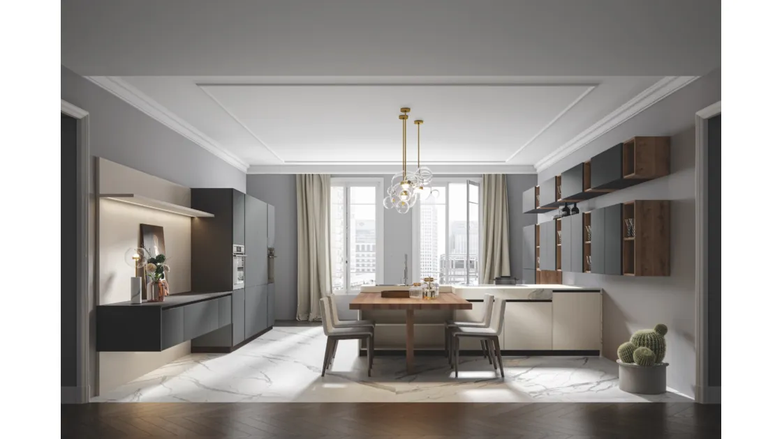 Cucina con penisola in HPL statuario, tavolo in legno e PVC lapis Era 2 di Home Cucine