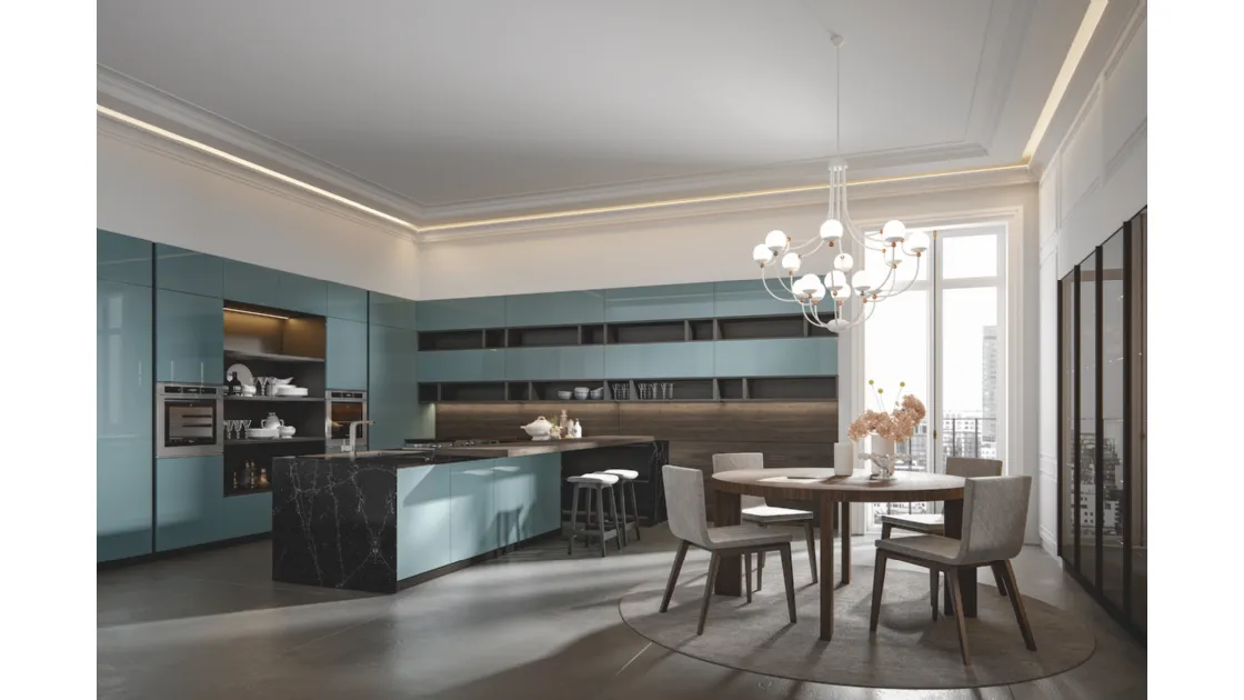 Cucina ad angolo con penisola color cielo lucido Era 5 di Home Cucine
