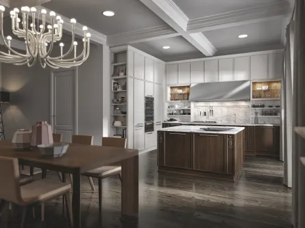 Cucina con isola centrale in frassino brown e laccato bianco e HPL statuario Estetica 4 di Home Cucine