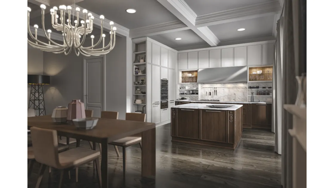 Cucina con isola centrale in frassino brown e laccato bianco e HPL statuario Estetica 4 di Home Cucine