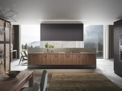 Cucina Moderna lineare sospesa Genesi 02 in melaminico finitura Biondo e Lava con top in pietra naturale di Home Cucine