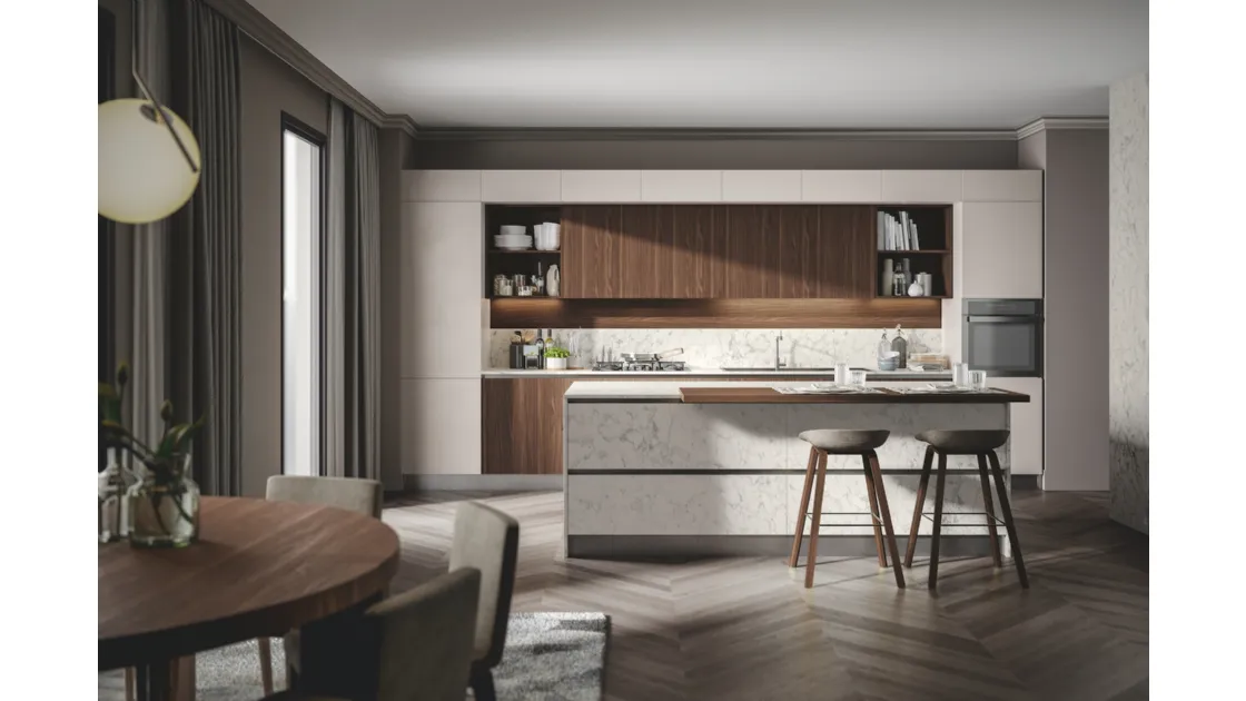 Cucina Moderna con isola Genesi 06 in melaminico e Pet laccato opaco di Home Cucine