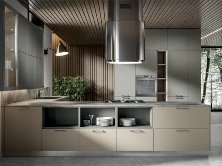 Cucina Moderna con penisola Klee 09 in laccato opaco con top in laminato di Home Cucine