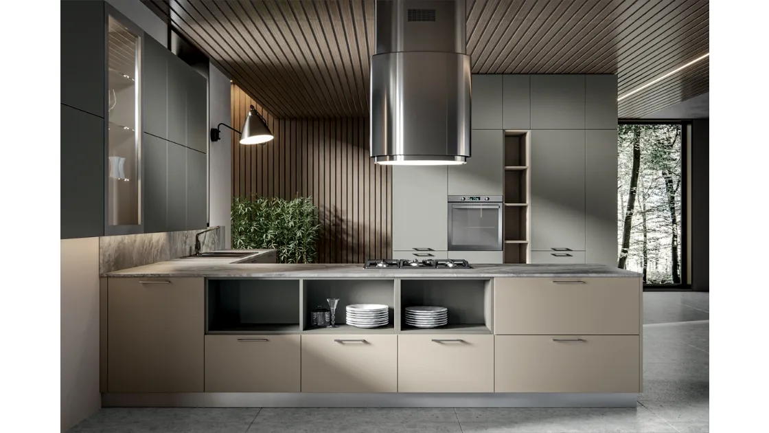 Cucina Moderna con penisola Klee 09 in laccato opaco con top in laminato di Home Cucine