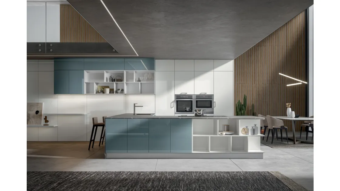 Cucina in MDF e laccato lucido con ad angolo e in linea Klee 10 di Home Cucine