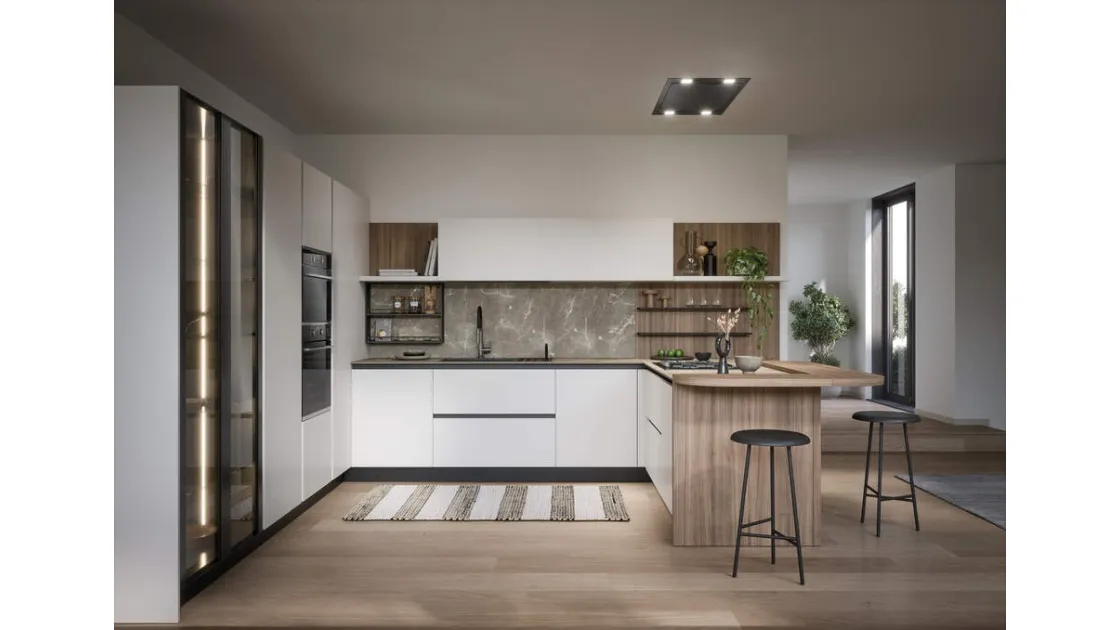 Cucina Moderna laccata lucida con penisola Luce Composizione 01 di Prima Cucine