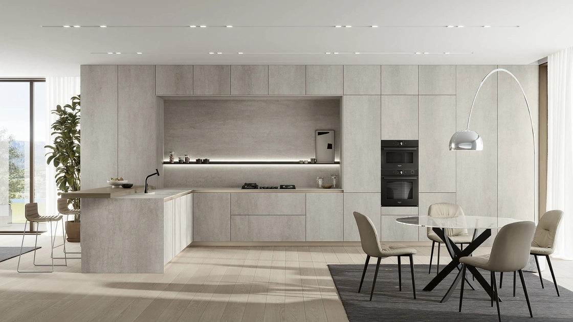 Cucina Moderna con penisola Luxea 01 in laminam Pietra di Savoia di Colombini Casa Artec