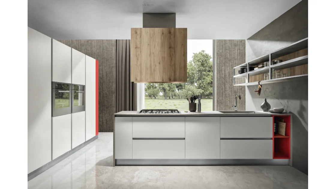 Cucina con penisola centrale con finitura geranio e bianco Mela 7 di Home Cucine