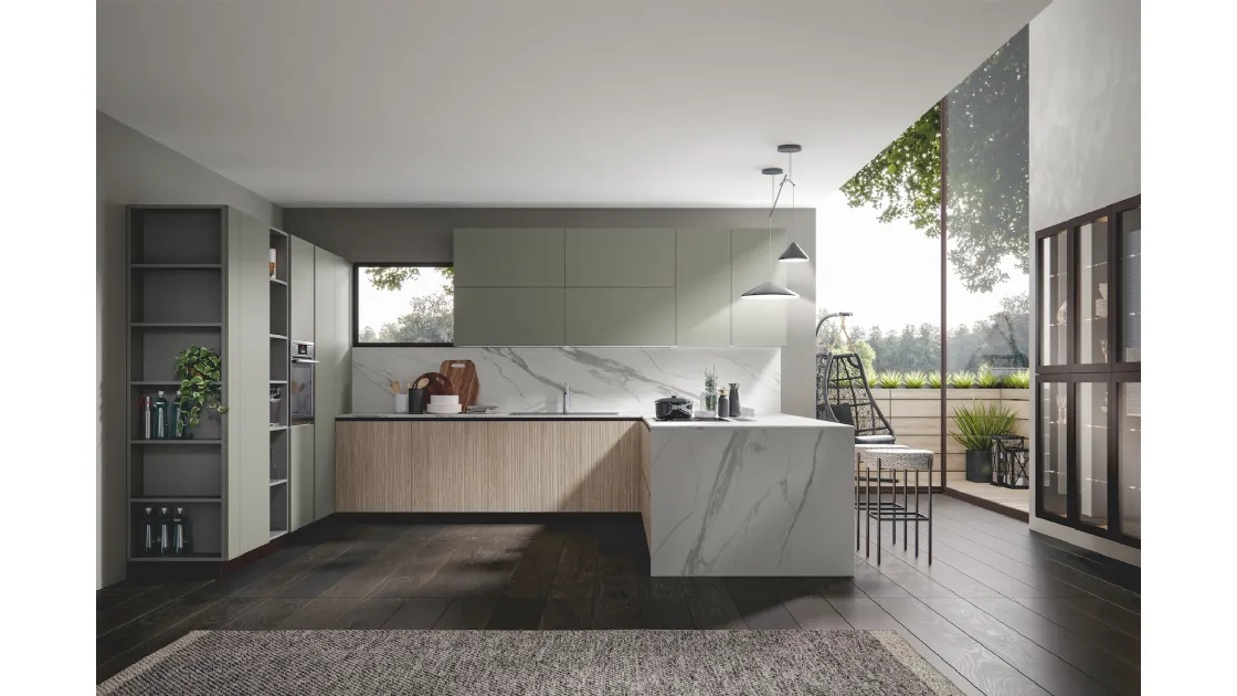 Cucina con penisola nei toni mandorla, dolomia e Pandora statuario Palù 4 di Home Cucine
