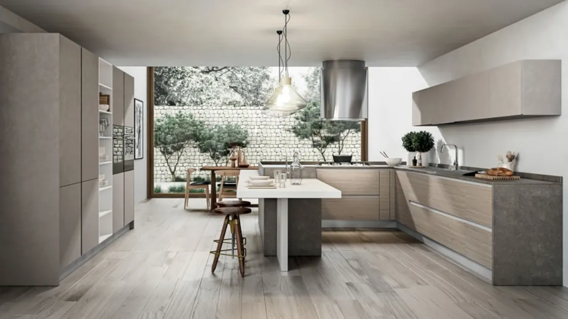 Cucina ad angolo con penisola e colonne color castoro e miele Cartesia 1 di Home Cucine