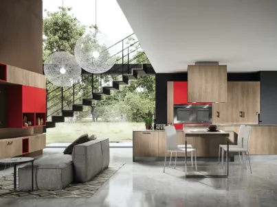 Cucina rovere gesso e rosso geranio con top Mika Mela 1 di Home Cucine
