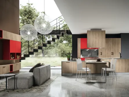 Cucina rovere gesso e rosso geranio con top Mika Mela 1 di Home Cucine