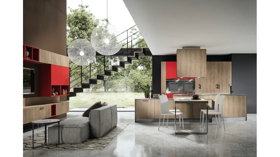 Cucina rovere gesso e rosso geranio con top Mika Mela 1 di Home Cucine