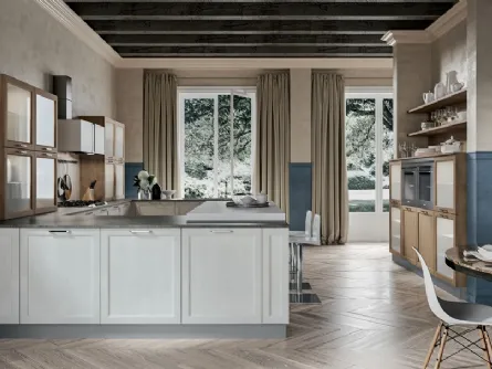 Cucina in MDF color paglia con top roccia e vetrine Quadrica 1 di Home Cucine