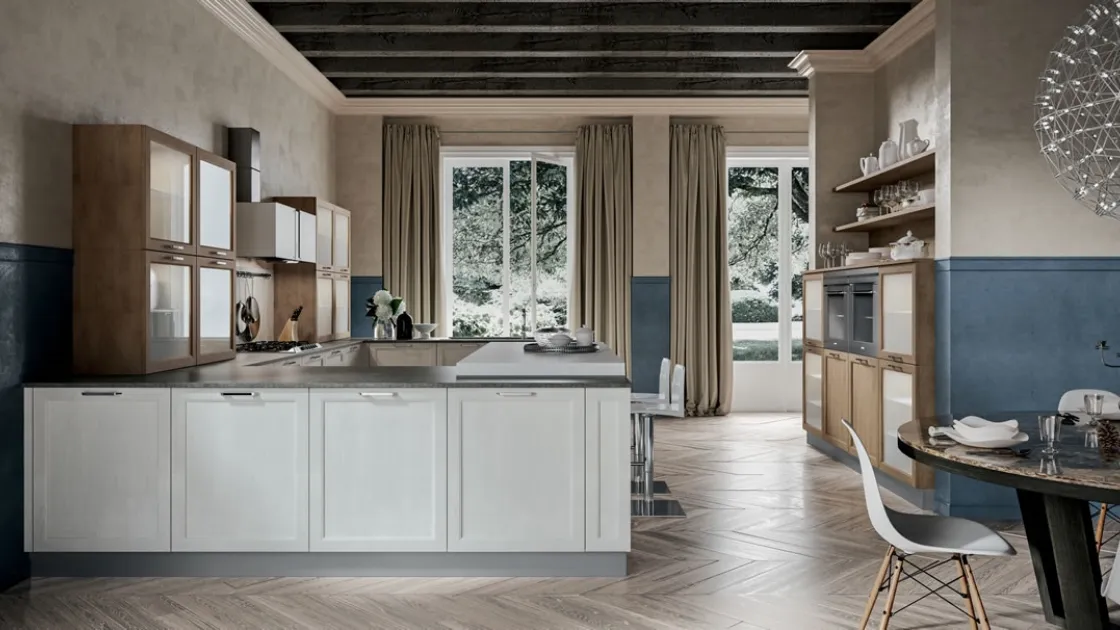 Cucina in MDF color paglia con top roccia e vetrine Quadrica 1 di Home Cucine