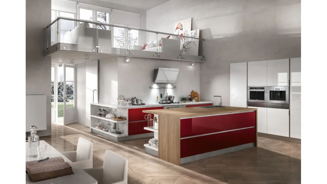 Cucina con isola centrale in olmo e laminato lucido bordeaux e bianco Reflexa 6 di Home Cucine